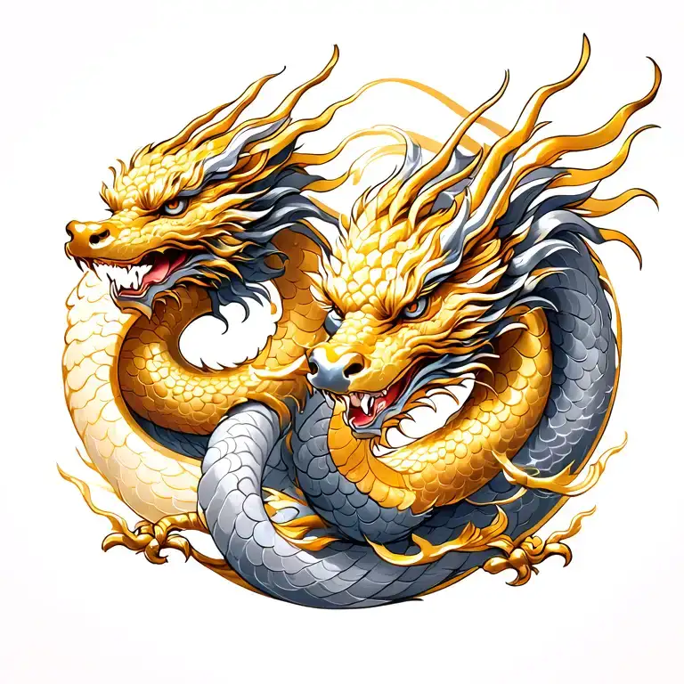 Twin gold and silver Dragons tattoo design idea