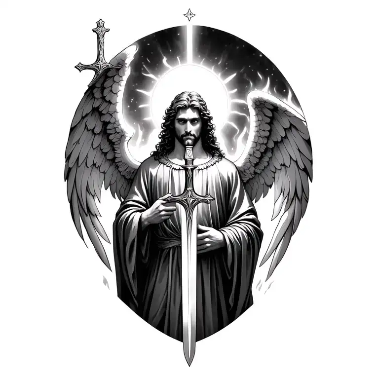Archaengel michael with sword and cross and halo emerging from hell  tattoo design idea