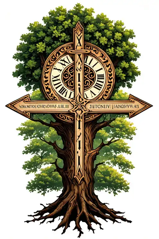 "MCMXCVIII " Oak tree with roman numerals witha orthodox cross tattoo design idea