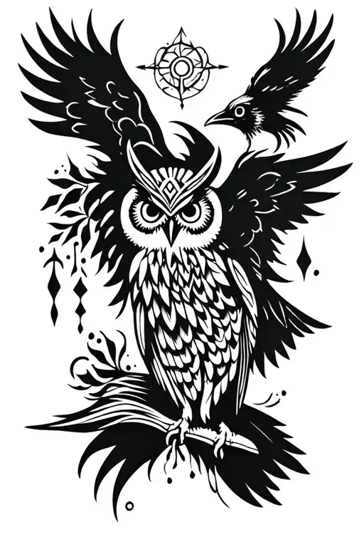 shamanic owl and raven and nordic and pagan and whale tattoo design idea