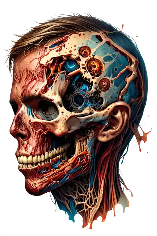 Flesh and muscle torn away to reveal bio mechanical parts tattoo design idea