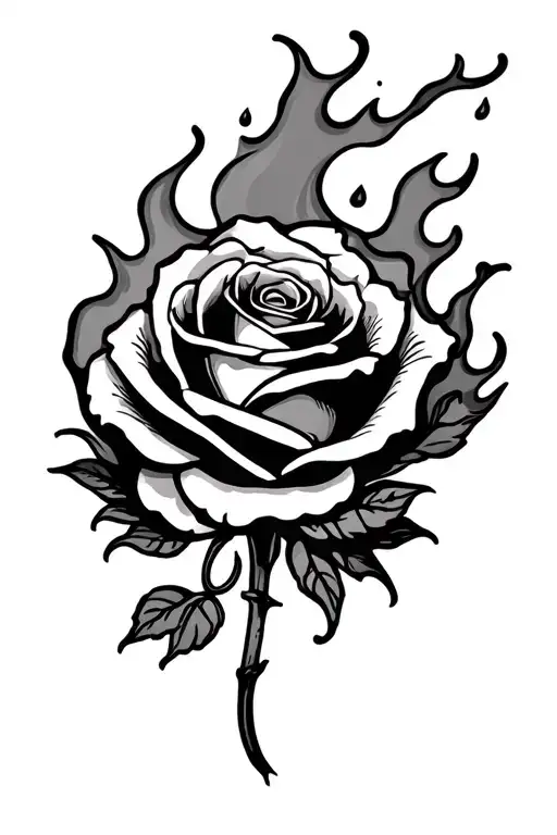 black rose in fire flames coming tattoo design idea