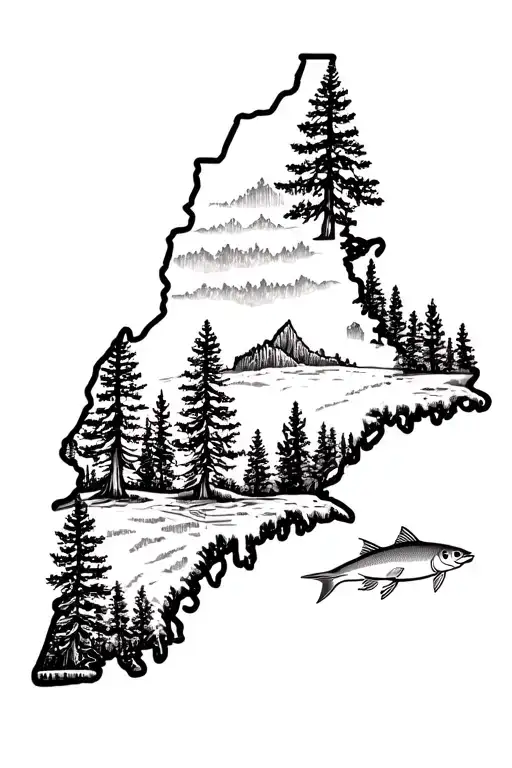 maine state outline, kids,hunting fishing and pine trees tattoo design idea