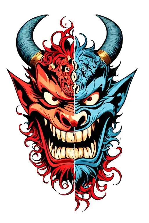 japanese oni mask split in half demon face tattoo design idea