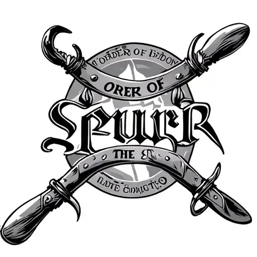 cavalry spurs, with "Order of the Spur" surrounding in Medieval lettering tattoo design idea