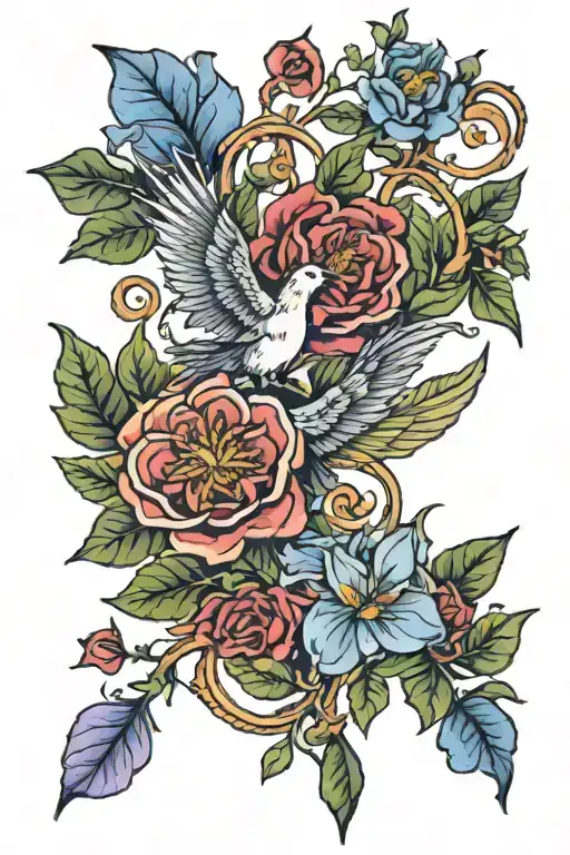 Phoenix, aster  morning glory, honeysuckle and rose tattoo design idea
