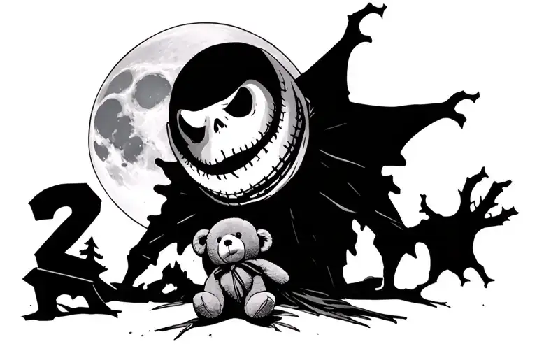 From the nightmare before christmas, oogie boogie with the moon behind it, next to it Zero with a little plush bear in his mouth tattoo design idea