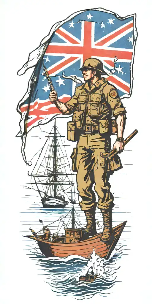 war soldier with Australian flag and boats and planes tattoo design idea