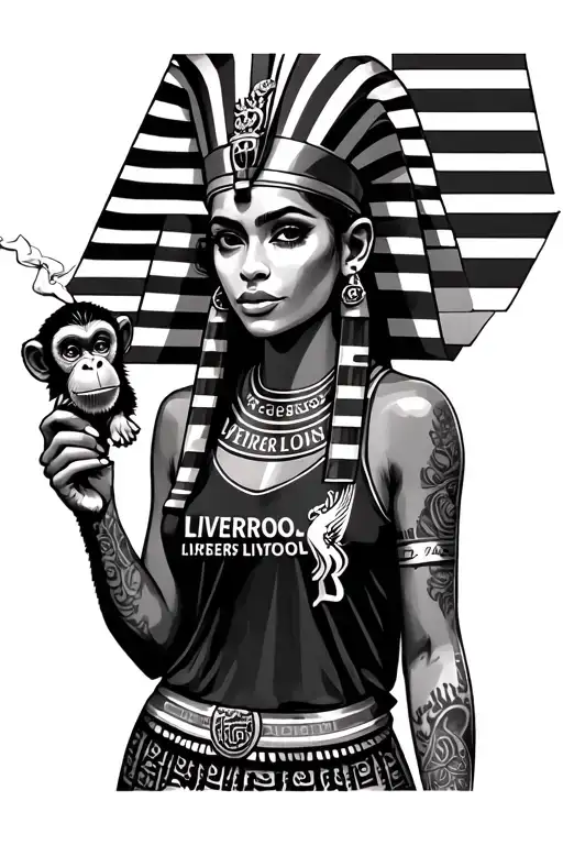 egyptian woman pharoah wearing liverpool jersey holding a joint. with a cute pet monkey to the side of her tattoo design idea