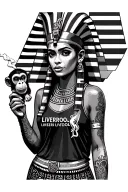 egyptian woman pharoah wearing liverpool jersey holding a joint. with a cute pet monkey to the side of her tattoo design idea