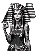 egyptian woman pharoah wearing liverpool jersey holding a joint. with a cute pet monkey to the side of her tattoo design idea