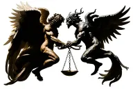 Angel and demon in equilibrium, connected by a scale or light and shadow merging, symbolizing the duality of life tattoo design idea