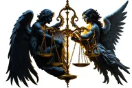 Angel and demon in equilibrium, connected by a scale or light and shadow merging, symbolizing the duality of life tattoo design idea