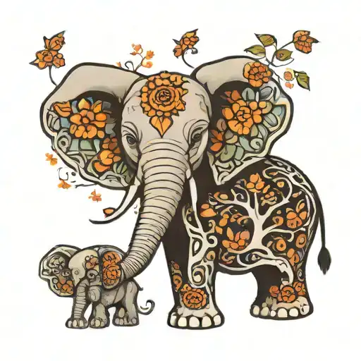 mother elephant, baby elephant, tree of life   tattoo design idea