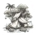 A tent nestled in a serene nature scene with a hammock hanging nearby four leaf clover and hurricane symbol tattoo design idea