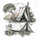 A tent nestled in a serene nature scene with a hammock hanging nearby four leaf clover and hurricane symbol tattoo design idea