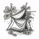 A tent nestled in a serene nature scene with a hammock hanging nearby four leaf clover and hurricane symbol tattoo design idea