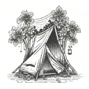 A tent nestled in a serene nature scene with a hammock hanging nearby four leaf clover and hurricane symbol tattoo design idea