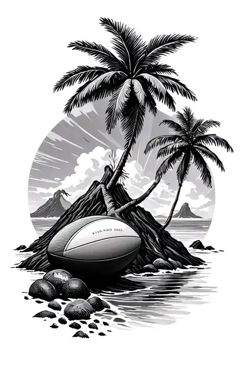 tropical island with volcano palmtree. Kiwi and rugbyball tattoo design idea
