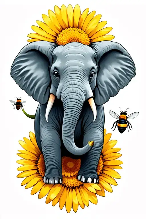an elephant with a bee on a daisy tattoo design idea