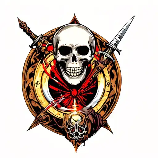 shy skeleton with dagger and portal around him tattoo design idea