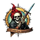 shy skeleton with dagger and portal around him tattoo design idea