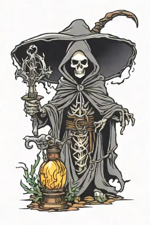 cute grim reaper guiding light emanating tattoo design idea