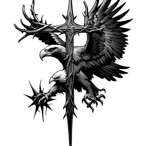 Christian cross made of 3 nails only with crown of thorns and eagle tattoo design idea