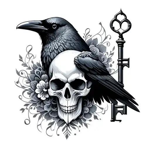 crow skull, key, castle,lace, music notes flowing tattoo design idea