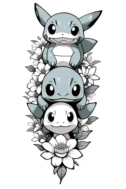 pikachu, squirtle, bulbasaur, and Charmander in a vertical stack. with flowers surrounding them  tattoo design idea