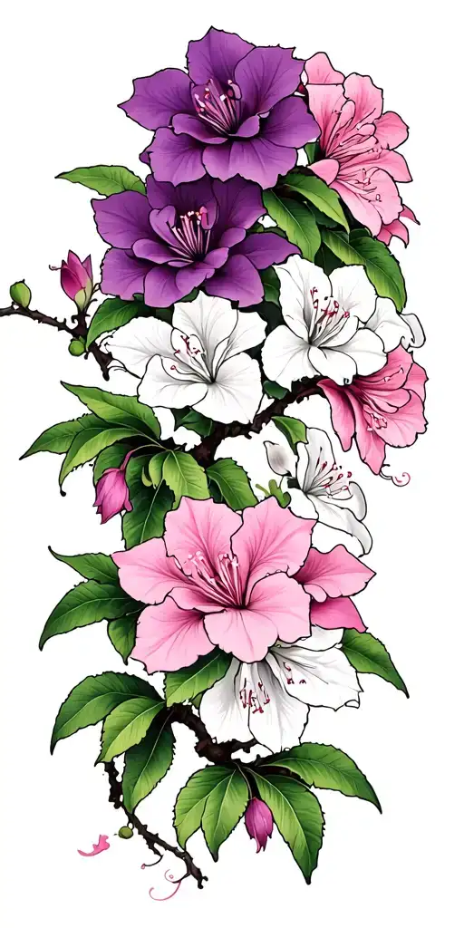 pink, white, purple azalea flowers blooming on long winding vines tattoo design idea