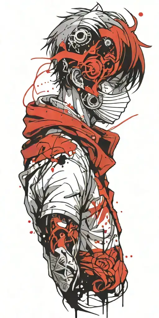 anime character wearing a mask fighting off inner demons tattoo design idea