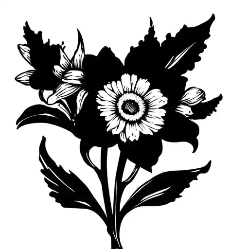 Flower tendrils with a knight's spur Narcissus Daisy ring flower daffodils on the side of the ankle upwards fineline black tattoo design idea