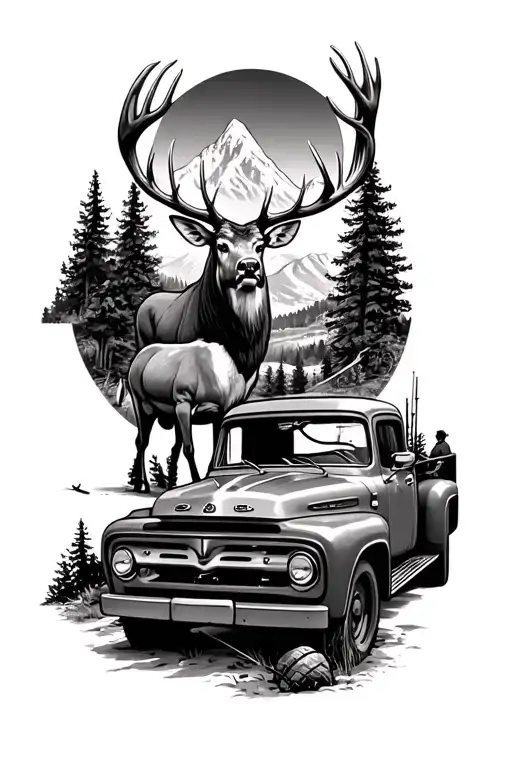 old ford truck with a big whitetail buck and a big mule deer buck and some mountain a forest and a fly fisherman  tattoo design idea