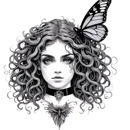 tattoo of Medusa wearing a choker with a dead butterfly  tattoo design idea