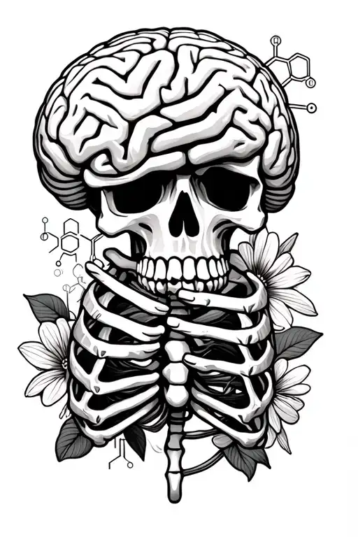 human skeleton holding a brain with chemical structure of caffeine and flowers on the edge tattoo design idea