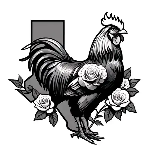 Texas state with fighting rooster and roses growing tattoo design idea