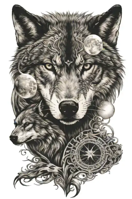 intricate, detail full arm sleeve tattoo that goes to chest, wolf with a moon behind him and another animal on forearm tattoo design idea
