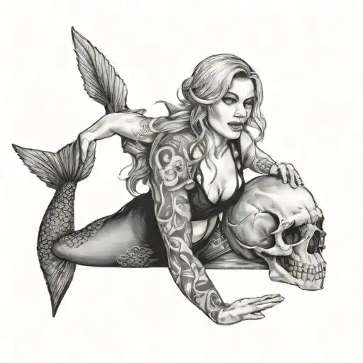 Rhea Ripley Mermaid holding a skull tattoo design idea