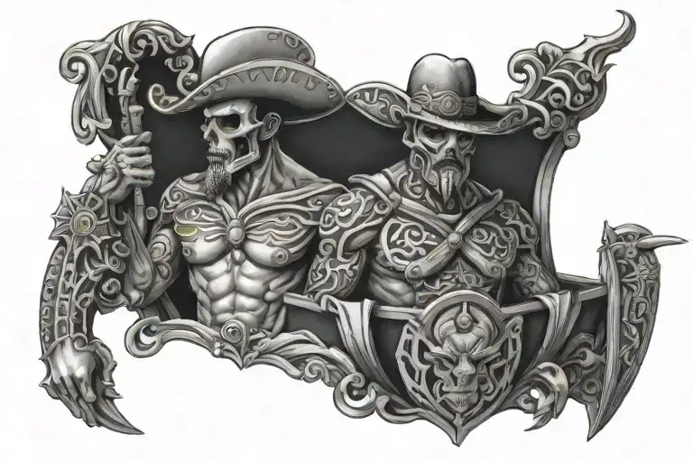 Mexican gangs style chest tattoo.  Left side With Saint Jack and right side with Saint George as worriors. Between them  tattoo design idea
