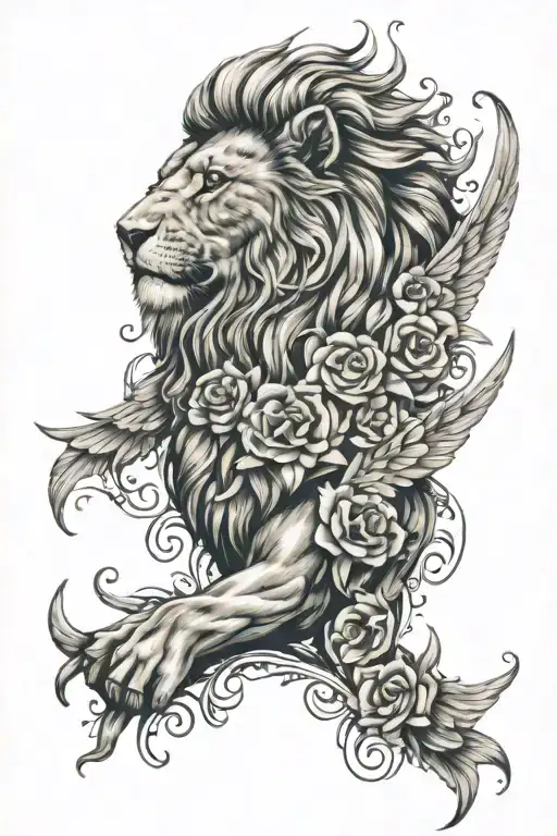 roses 777 cancer lion wings tattoo design idea