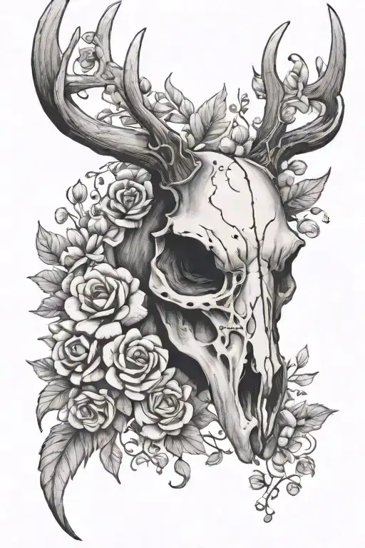 deer skull with floral tattoo design idea