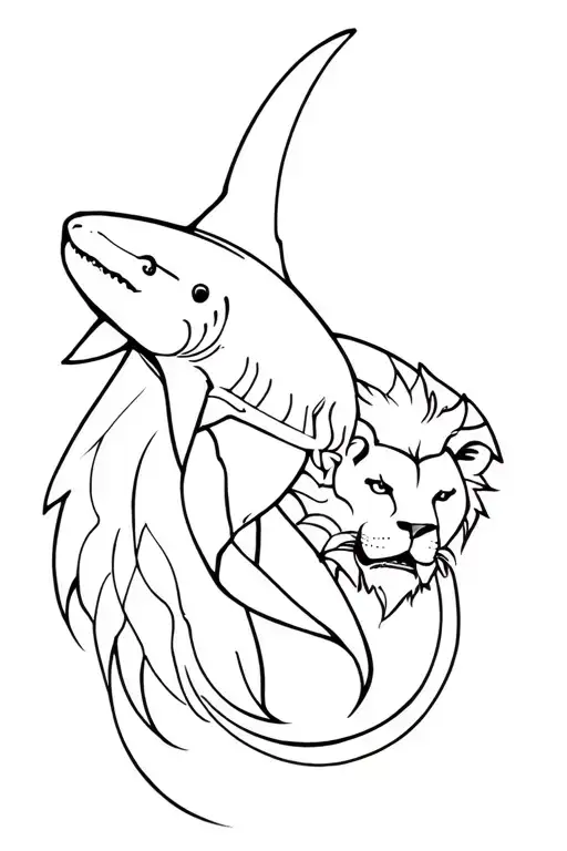 faint fine line tattoo of shark and lion entwined  tattoo design idea