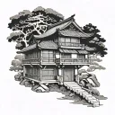 Traditional Japanese style samurai house from the Middle Ages in lines tattoo design idea