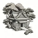 Traditional Japanese style samurai house from the Middle Ages in lines tattoo design idea