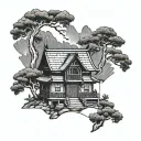 Traditional Japanese style samurai house from the Middle Ages in lines tattoo design idea