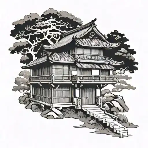 Traditional Japanese style samurai house from the Middle Ages in lines tattoo design idea