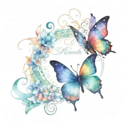 rainbow butterfly w couture written iscript font surrounded tattoo design idea