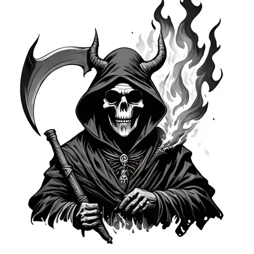 grim reaper with devil horns and a scythe with flames coming out of the eyes tattoo design idea