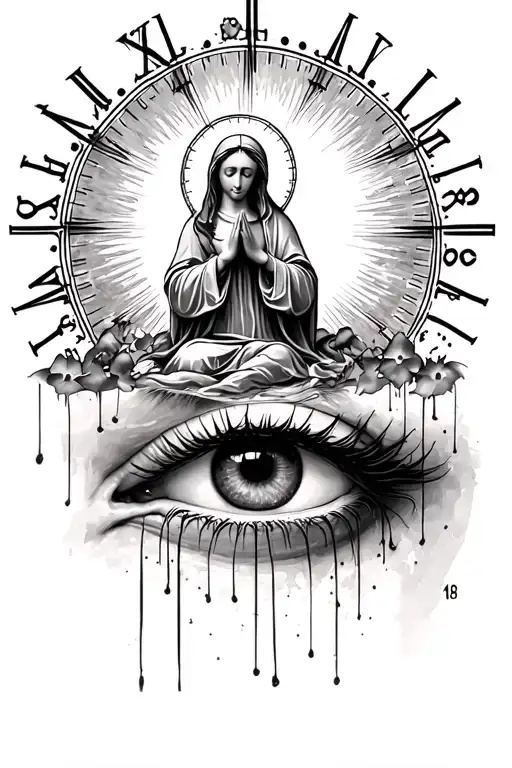 time heals all wounds but with a virgin mary praying on top and a eye crying on the bottom tattoo design idea